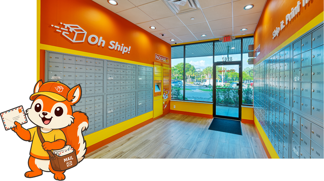 Oh Ship! store interior with mailbox solutions and shipping services in Tamarac, FL.