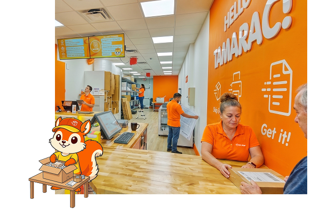 Oh Ship! Tamarac packing and shipping services, staff assisting customers with packages and documents.