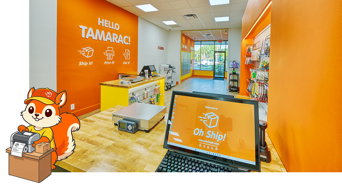 Oh Ship! Tamarac storefront with printing services and shipping counter.