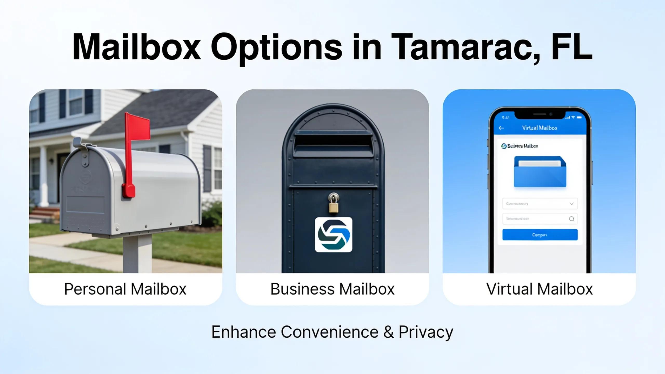 Different types of mailboxes: personal, business, and virtual, showcasing options for users in Tamarac, FL, to enhance convenience and privacy