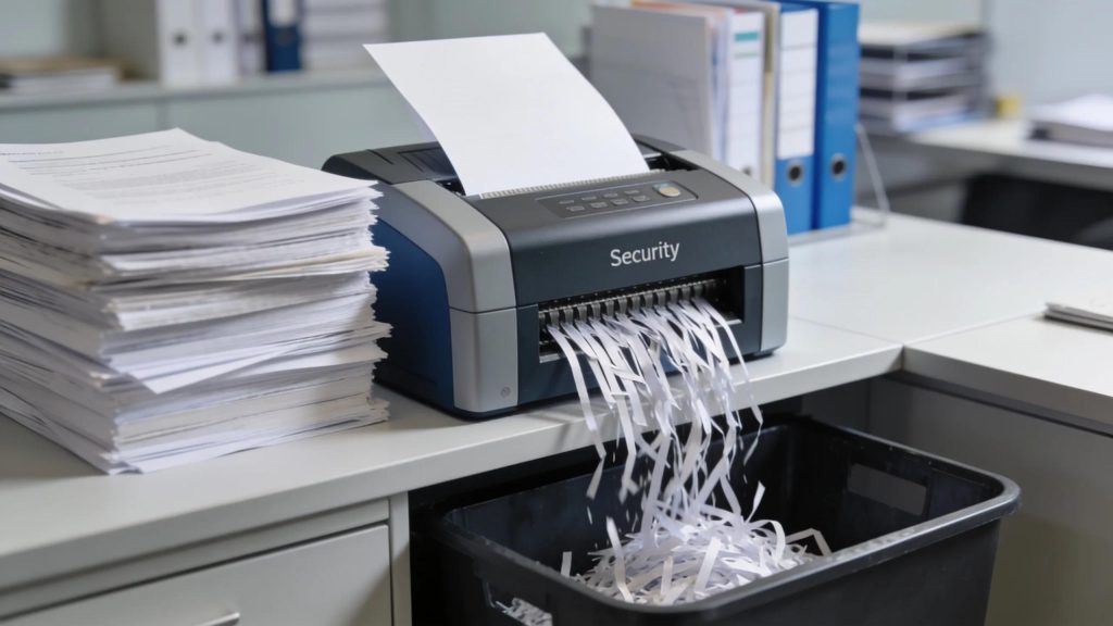 Document shredding machine operating in a secure office environment, emphasizing confidentiality and professional paper disposal