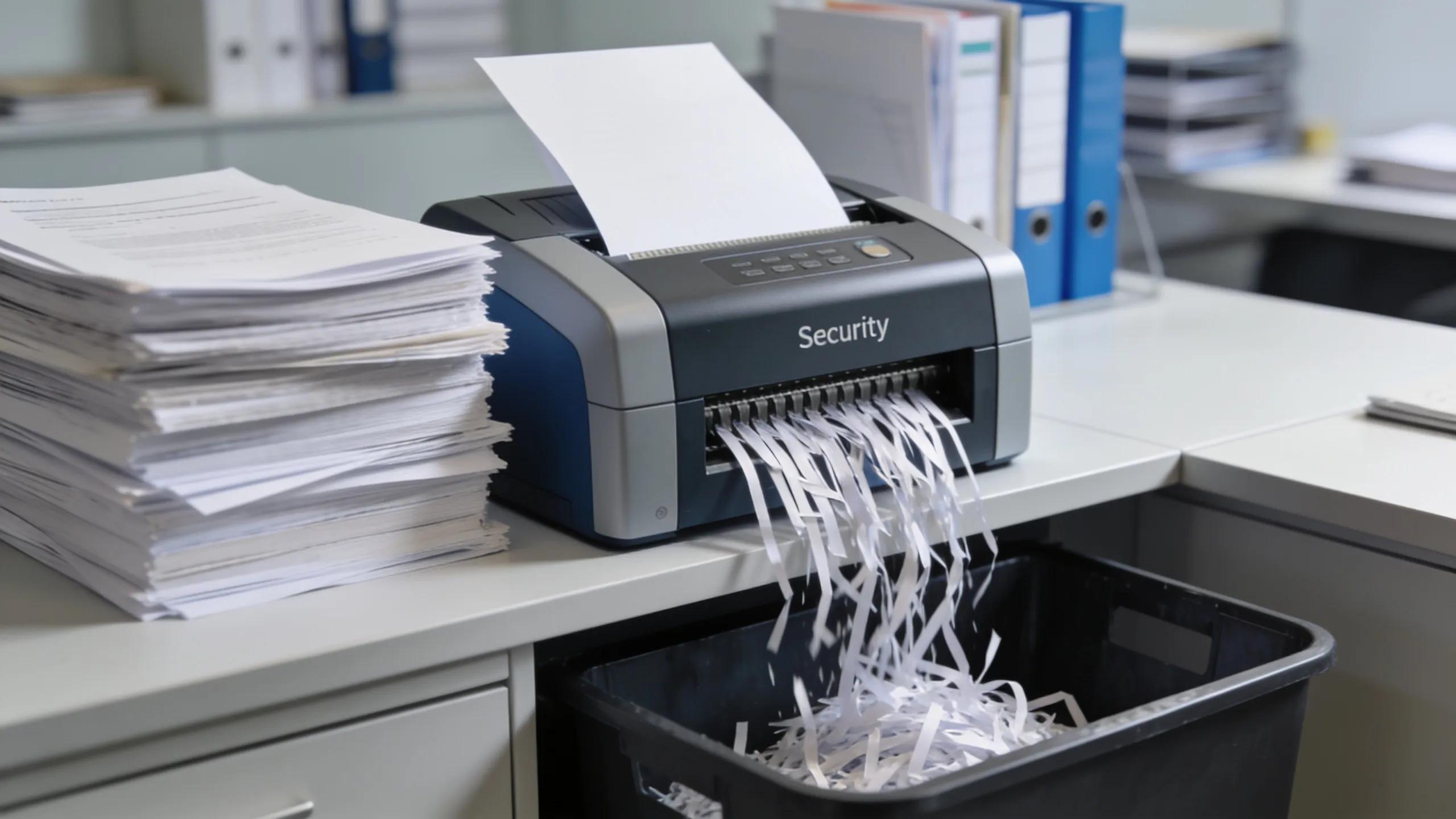 Document shredding machine operating in a secure office environment, emphasizing confidentiality and professional paper disposal