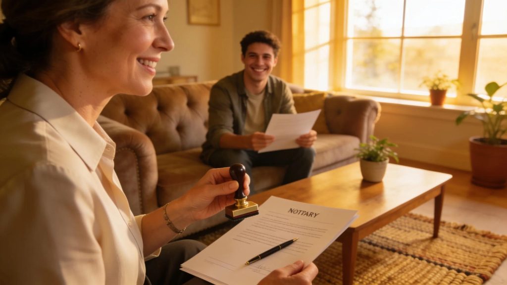 Mobile notary public assisting a client in a cozy home environment, highlighting convenience and personal service