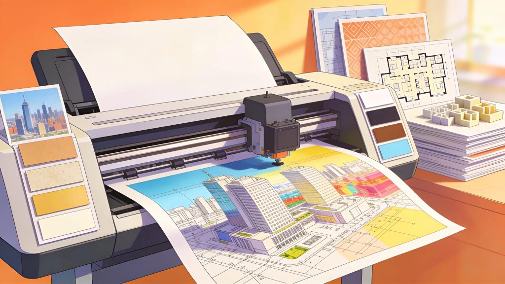 Large format printer producing high-quality architectural prints showcasing the services by Oh Ship!