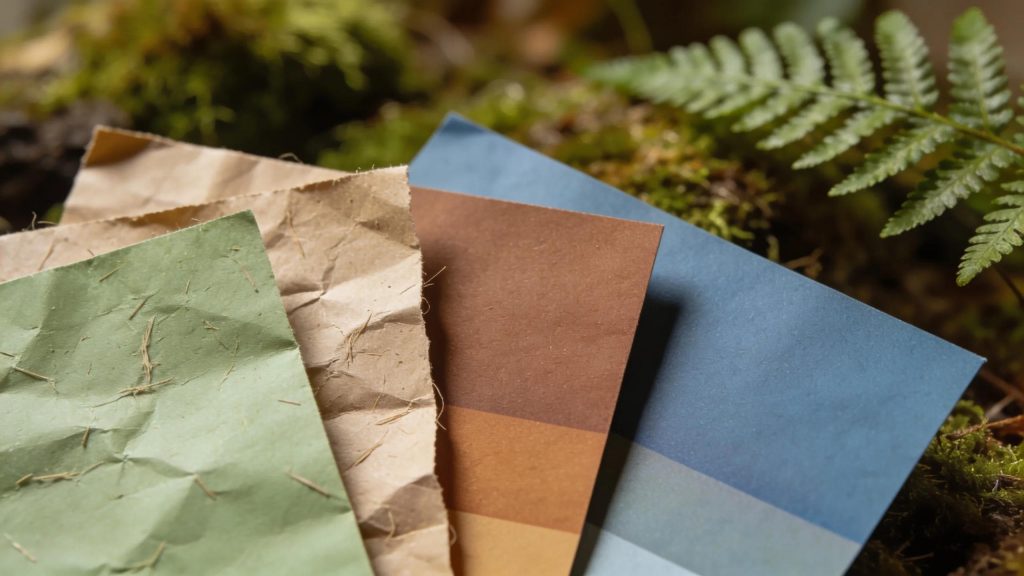 Close-up of recycled paper and plant-based inks used for sustainable printing