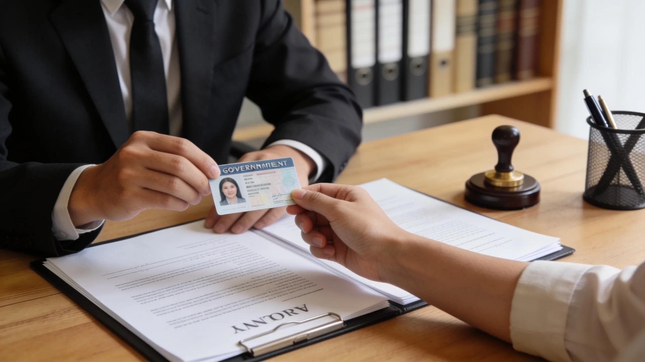 Notary public verifying a client's ID, illustrating the critical role of notary services in legal document authentication