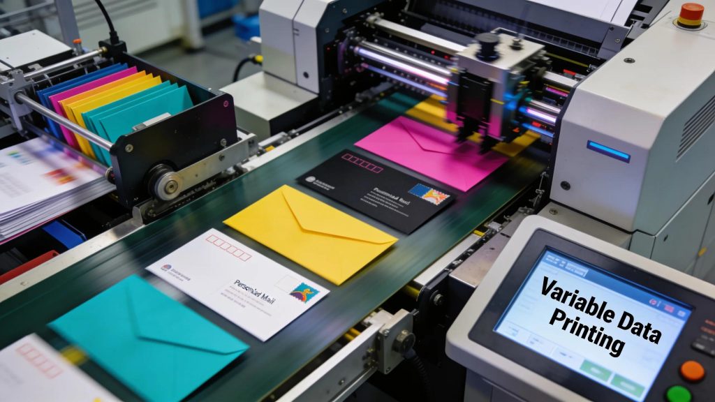 Dynamic printing press producing personalized direct mail, illustrating the concept of Variable Data Printing