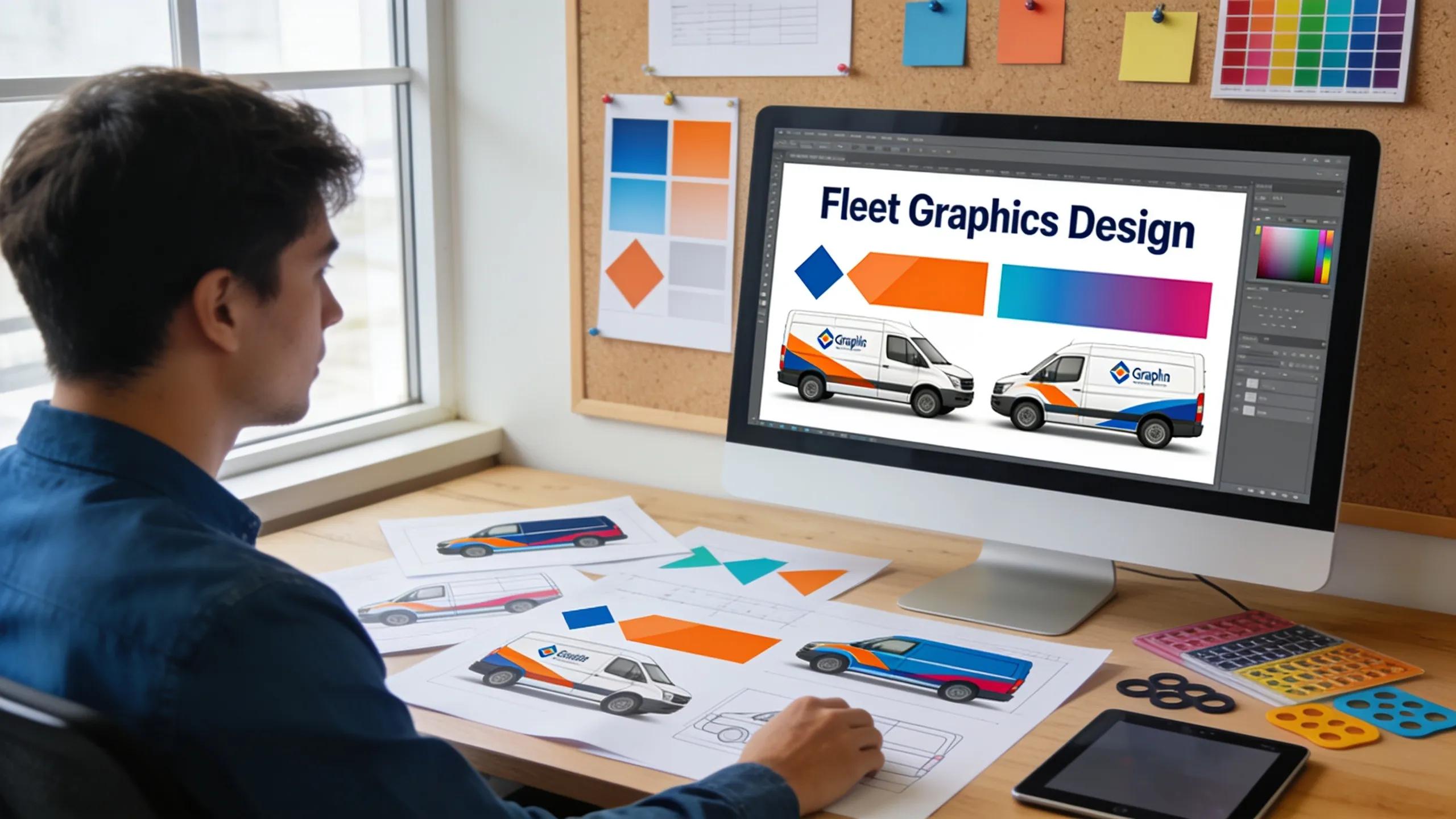 Designer at a workspace creating custom fleet graphics for vehicles, showcasing tools and design elements