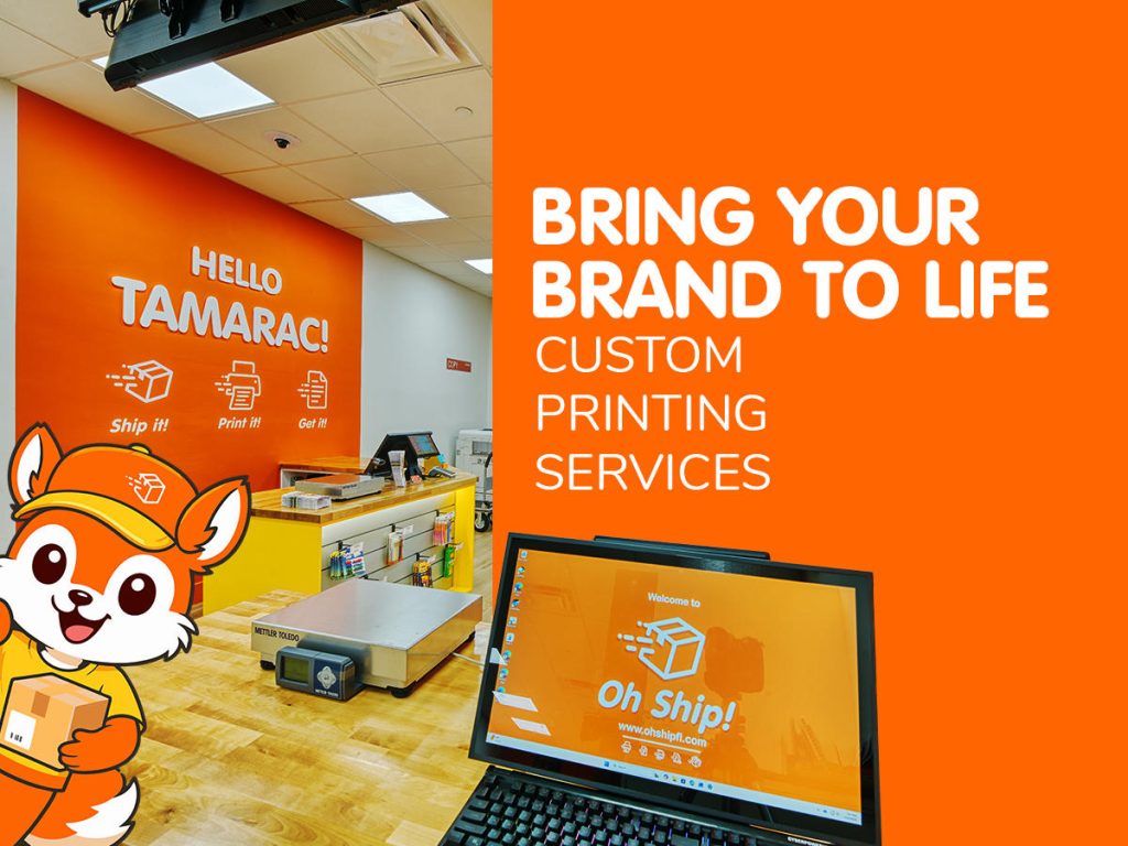 Brightly colored storefront showcasing custom printing services with a friendly cartoon fox.