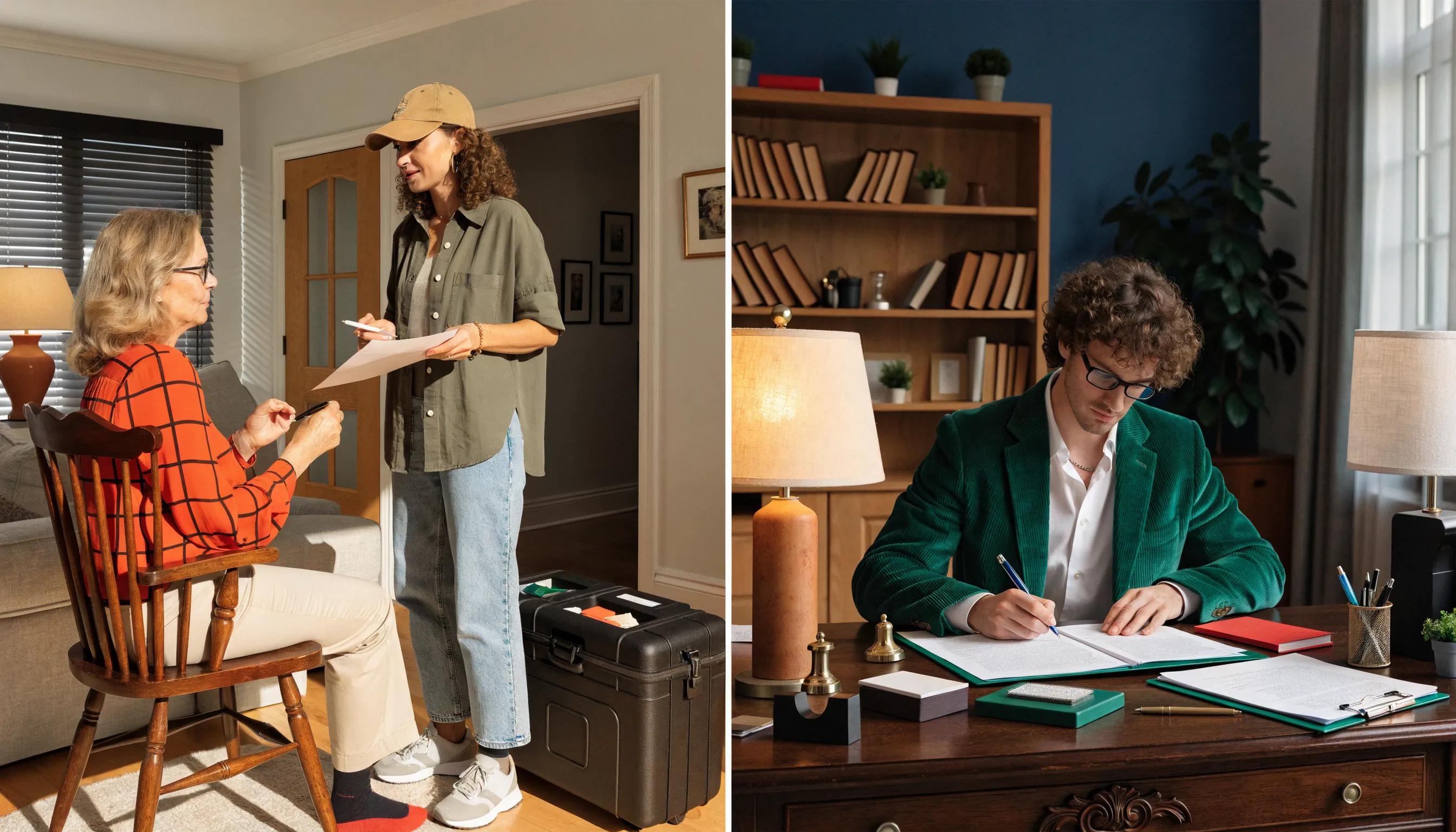 Comparison of mobile notary service at a client's home and traditional in-store notarization setup, highlighting service options