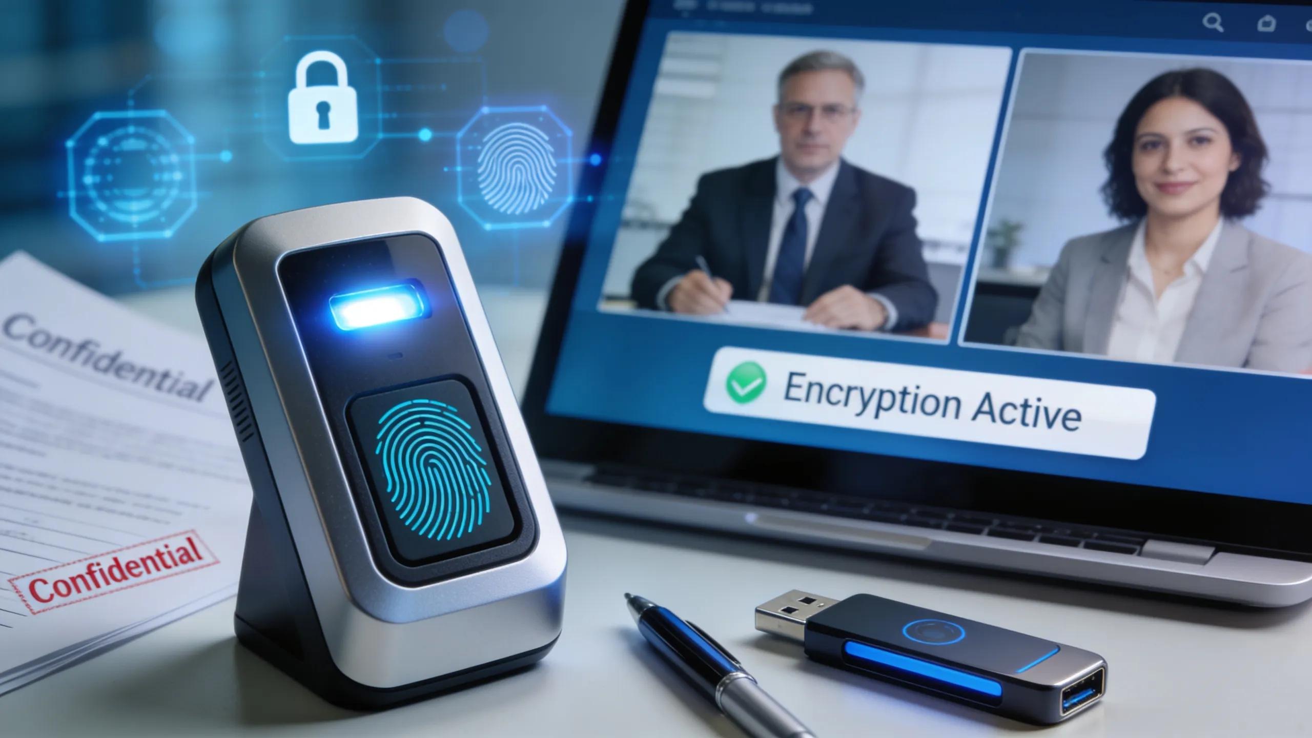 Close-up of security technologies used in remote online notarization, including fingerprint scanner and secure video call setup