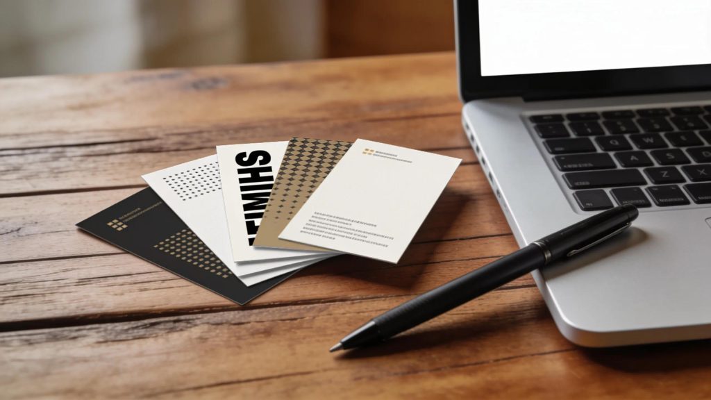 Custom business cards on a desk representing professional branding and networking