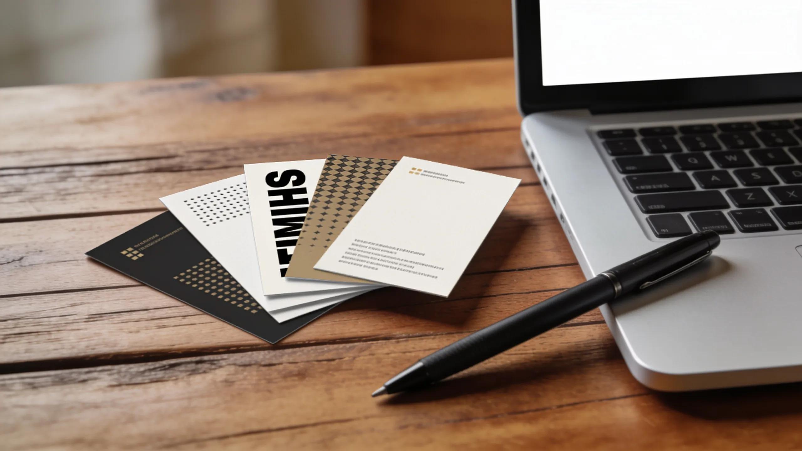 Custom business cards on a desk representing professional branding and networking