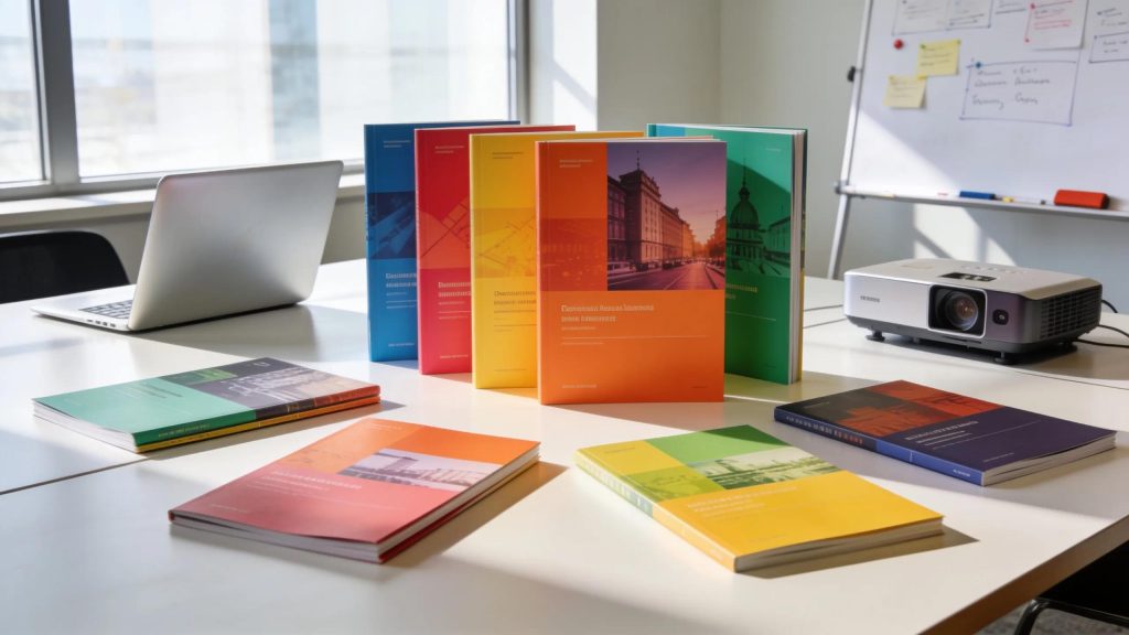 Professional business presentation with colorful booklets and catalogs on a conference table