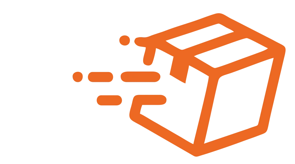 Orange delivery box icon with motion lines, symbolizing fast shipping