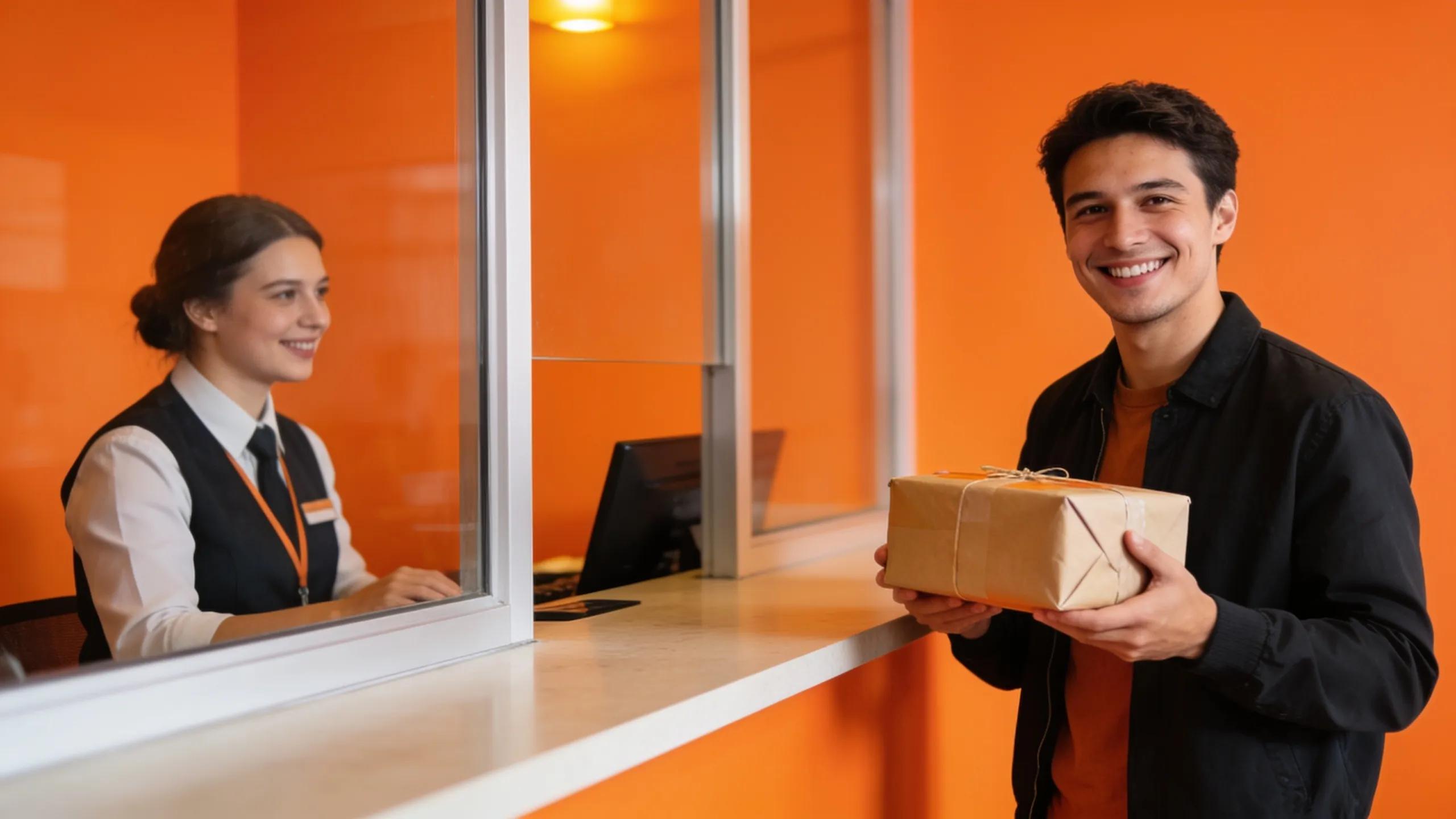 Customer receiving a package at a service counter with a vibrant orange wall backdrop