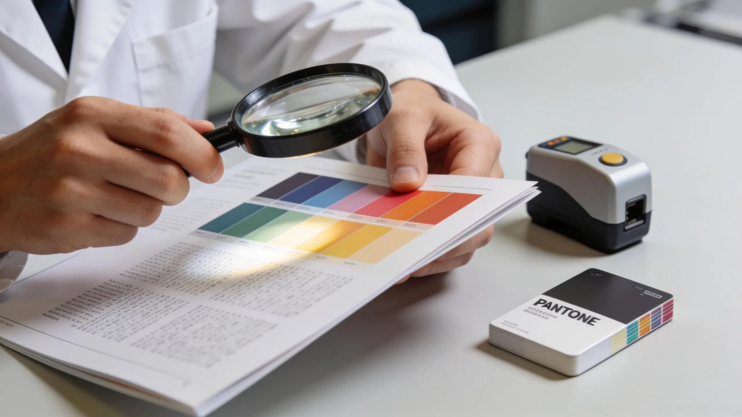 Professional inspecting print quality with focus on color accuracy and details