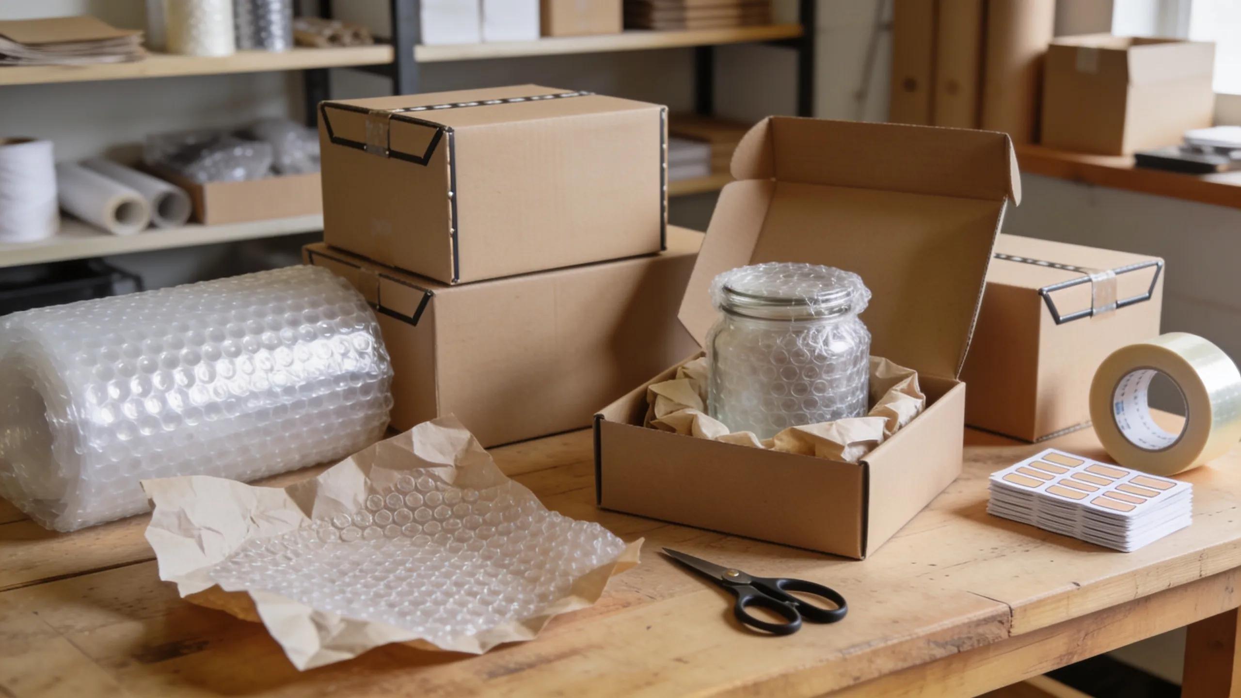Variety of high-quality packaging materials such as bubble wrap and cushioning papers in an organized workspace