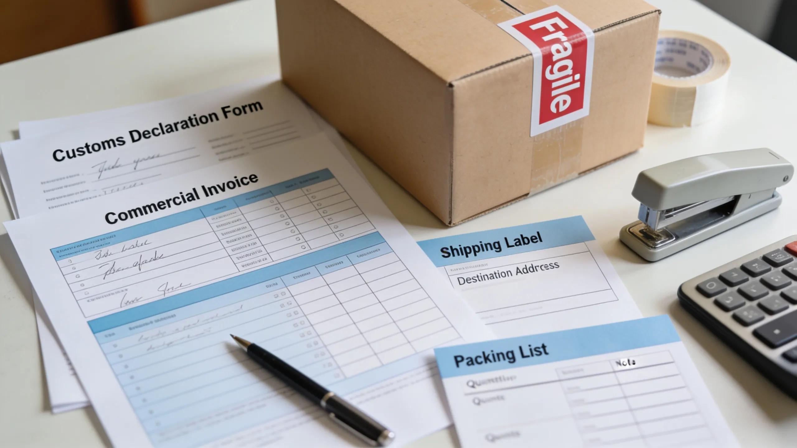 Detailed view of customs documentation, forms, and labels on a desk, emphasizing the importance of accurate shipping paperwork.
