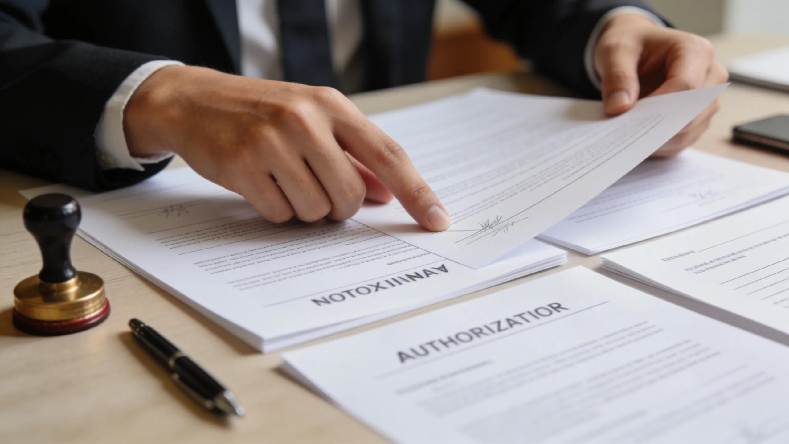 Close-up of a mobile notary's hands preparing various documents for notarization, emphasizing service efficiency