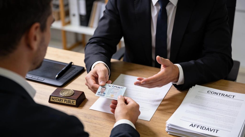 Notary public verifying client identity with government-issued ID at a residential loan signing