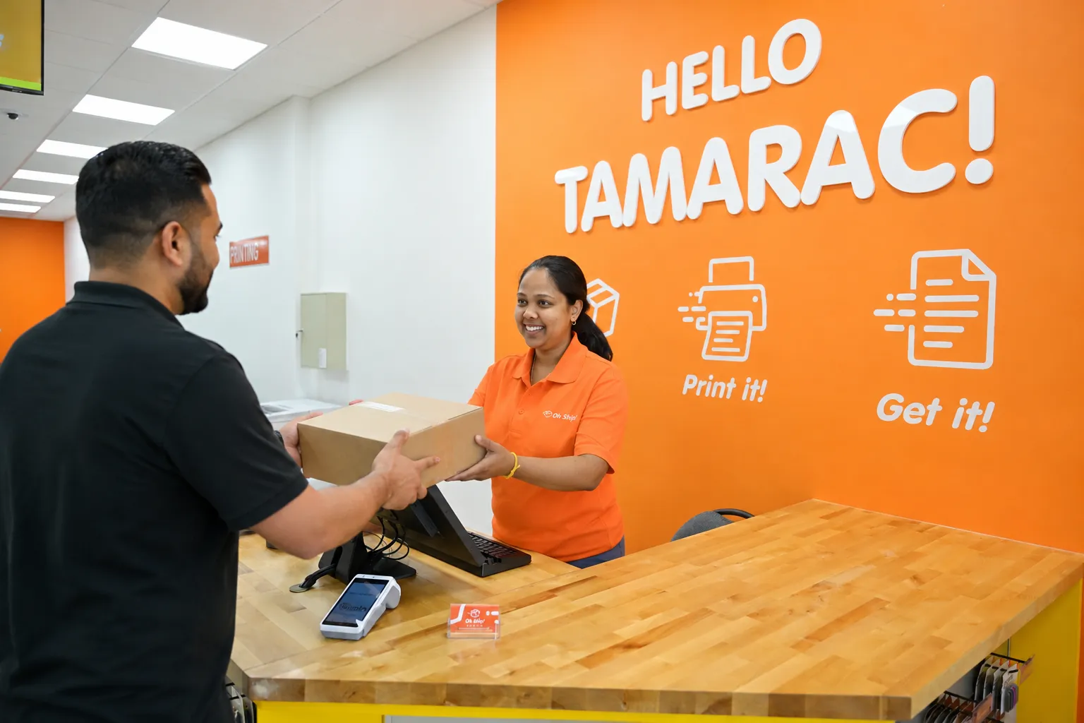 Customer and staff member at a print service desk with available documents, highlighting same-day printing accessibility