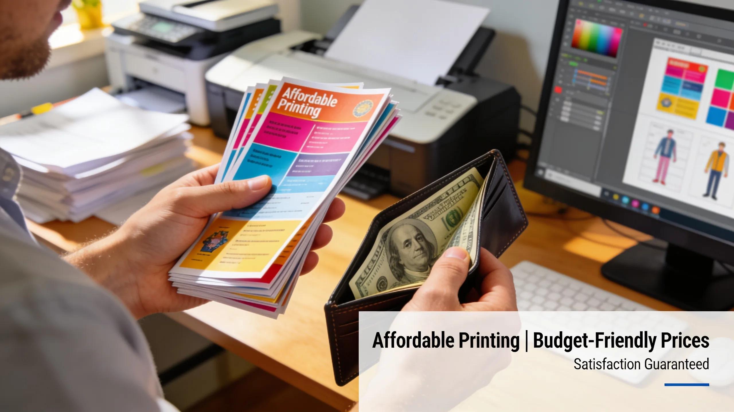 Customer holding colorful flyers and cash, highlighting affordable printing solutions