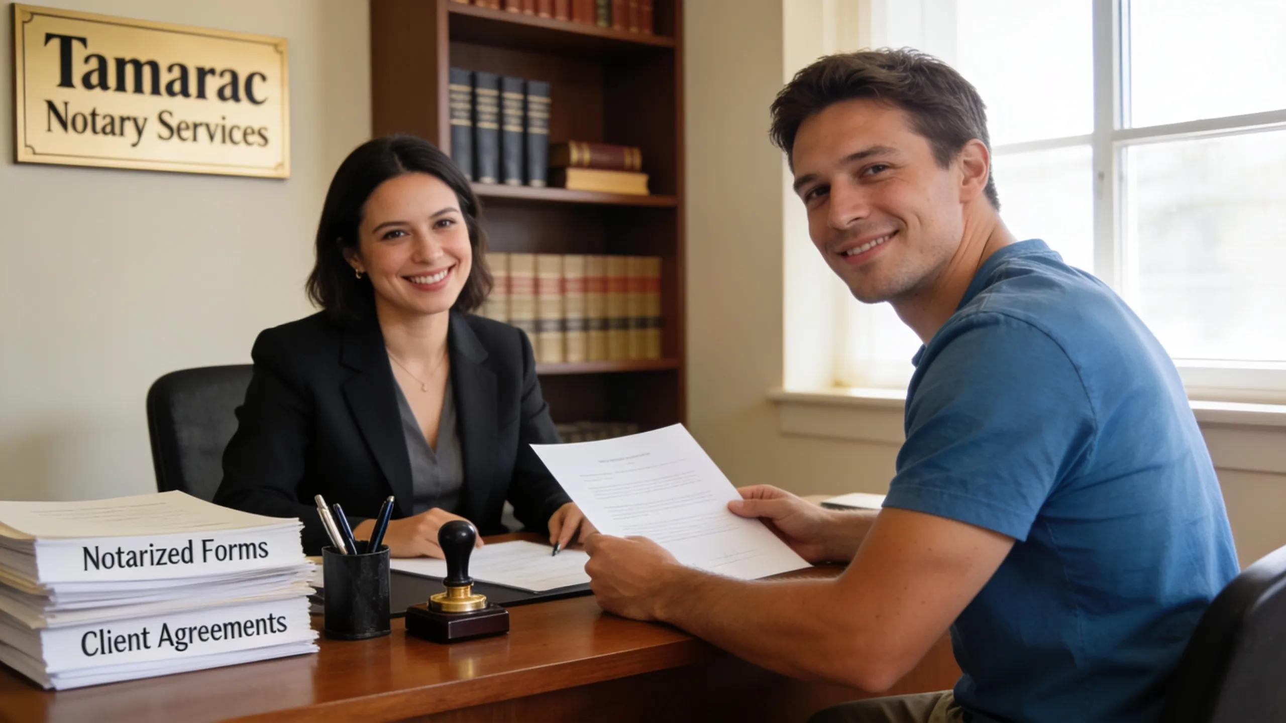 Notary public assisting a client with document notarization in a professional office setting in Tamarac, FL