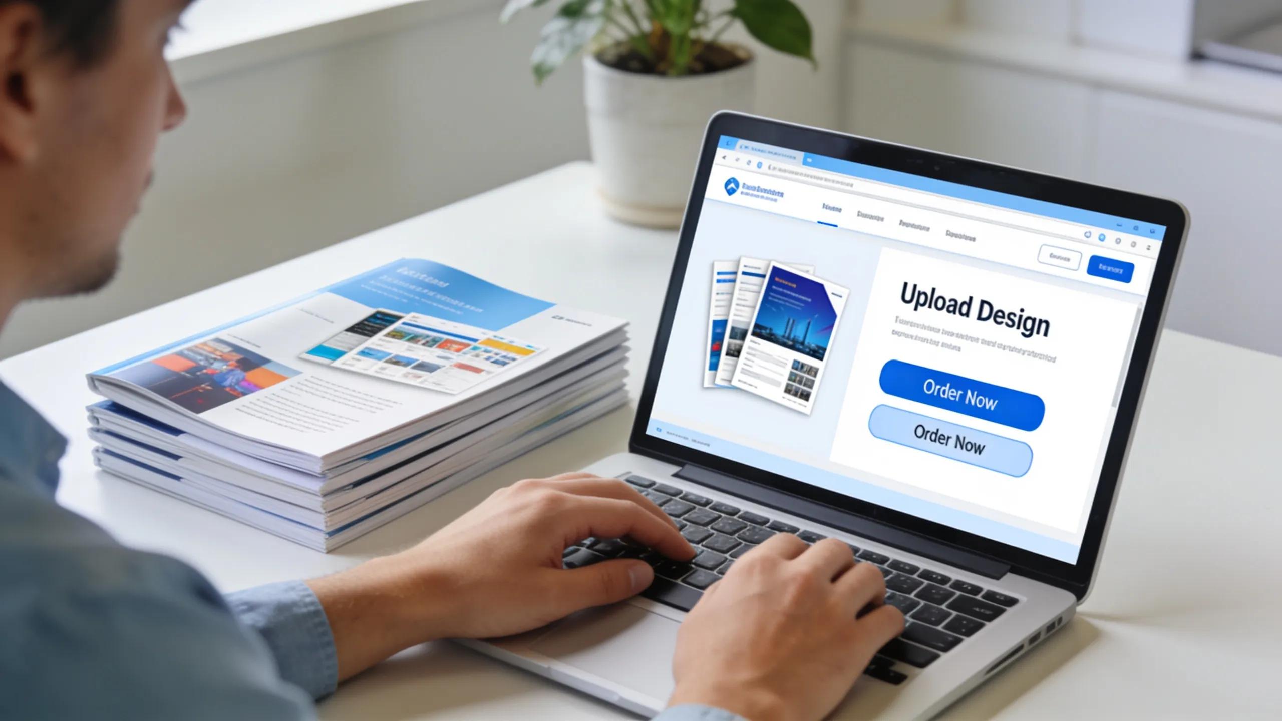 Individual using a laptop for online print ordering with organized printed materials around