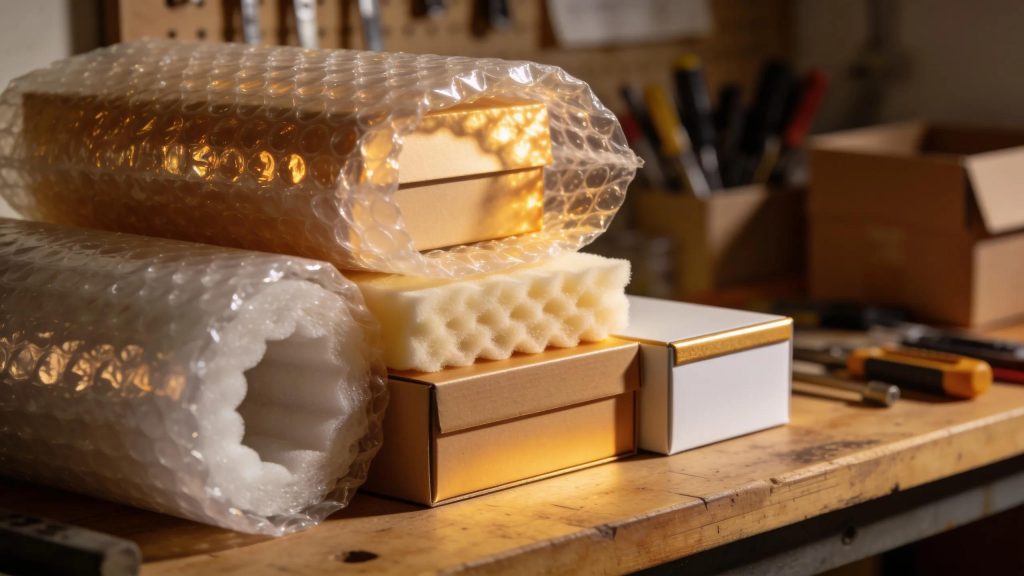 High-quality packing materials used for crating fragile items, including bubble wrap and custom boxes
