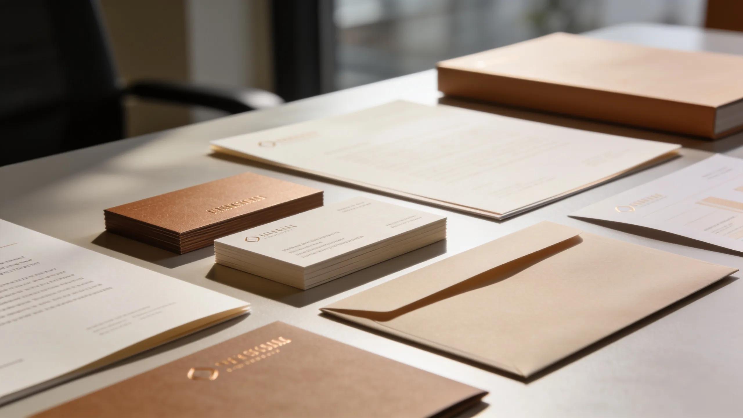 High-quality marketing collateral arranged elegantly, showcasing professionalism in branding