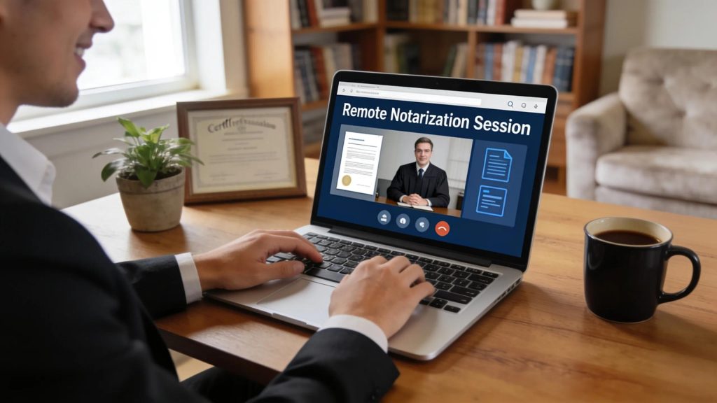 Person engaged in a remote online notarization process using a laptop in a home office