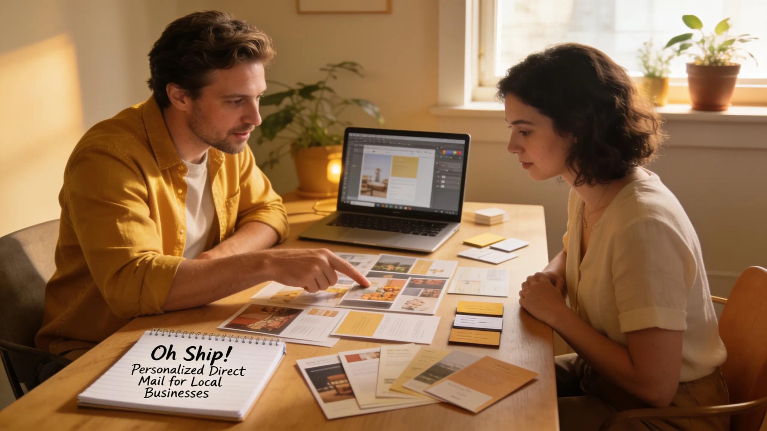 Small business owner interacting with print samples and marketing materials, emphasizing personalized campaign planning