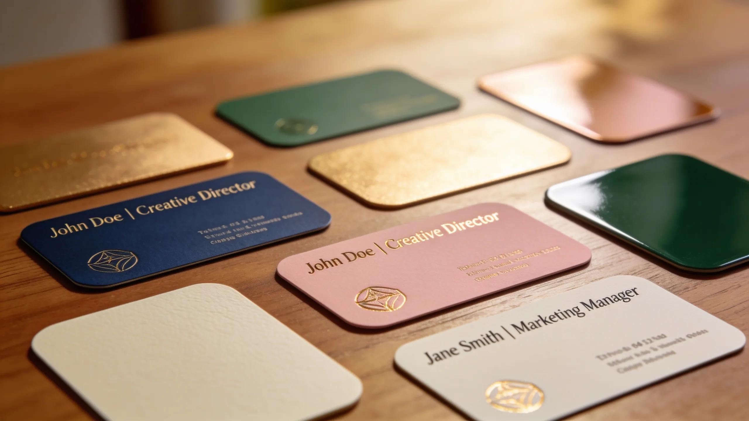 Assorted business card designs emphasizing customization and creative options