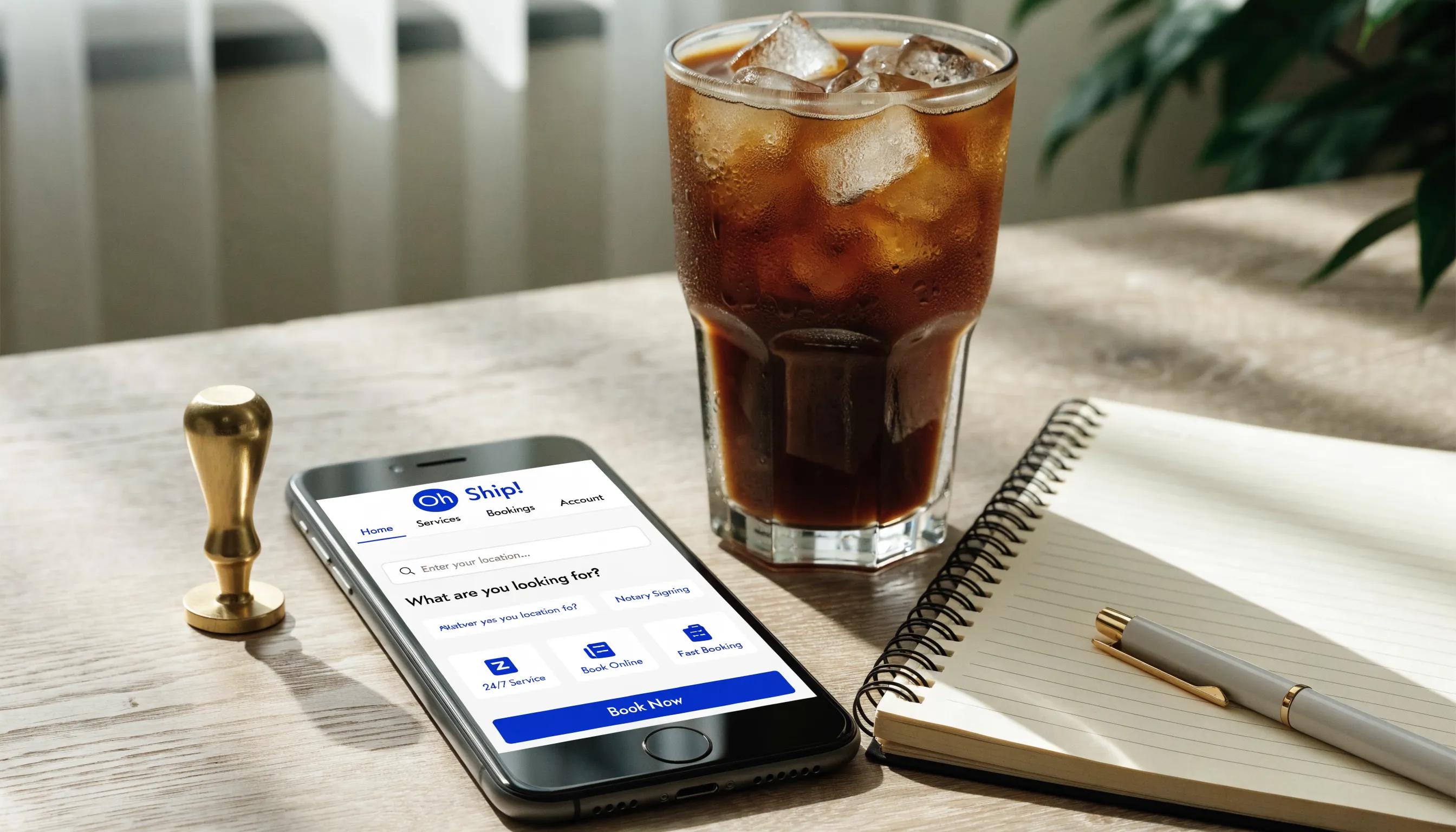 Smartphone showing the Oh Ship! booking app interface for mobile notary services, highlighting modern convenience